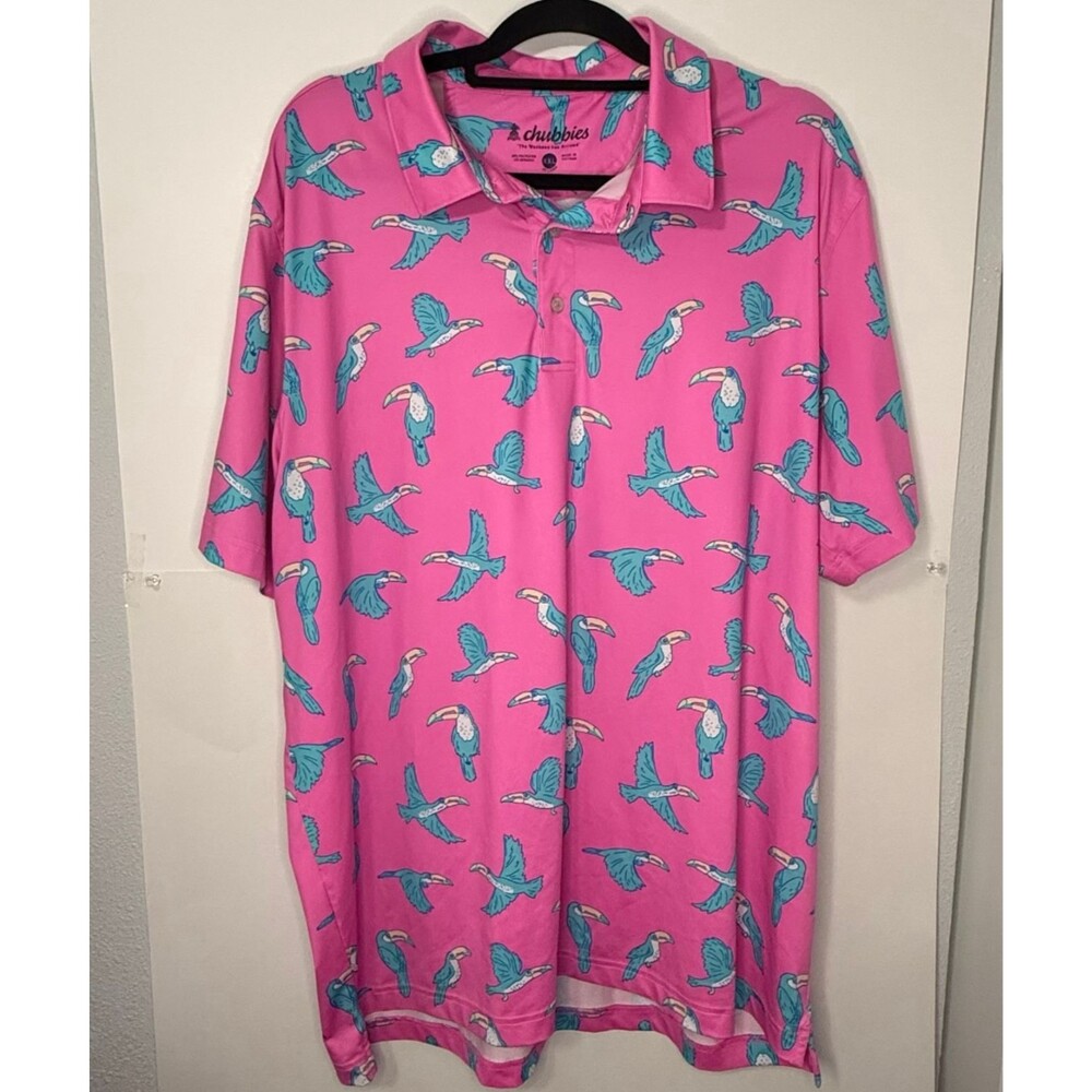 Men's Chubbies Toucan Short Sleeve Pink Golf Polo Shirt 2XL